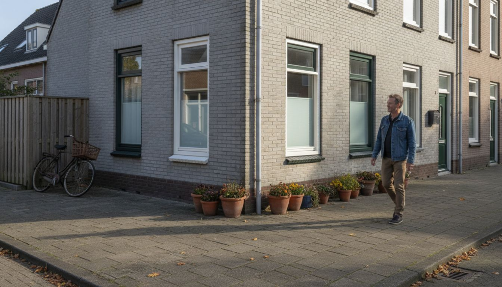 Op de hoek staat een woning waarvan de kozijnen in verschillende kleuren zijn uitgevoerd, wat meteen opvalt in het straatbeeld.