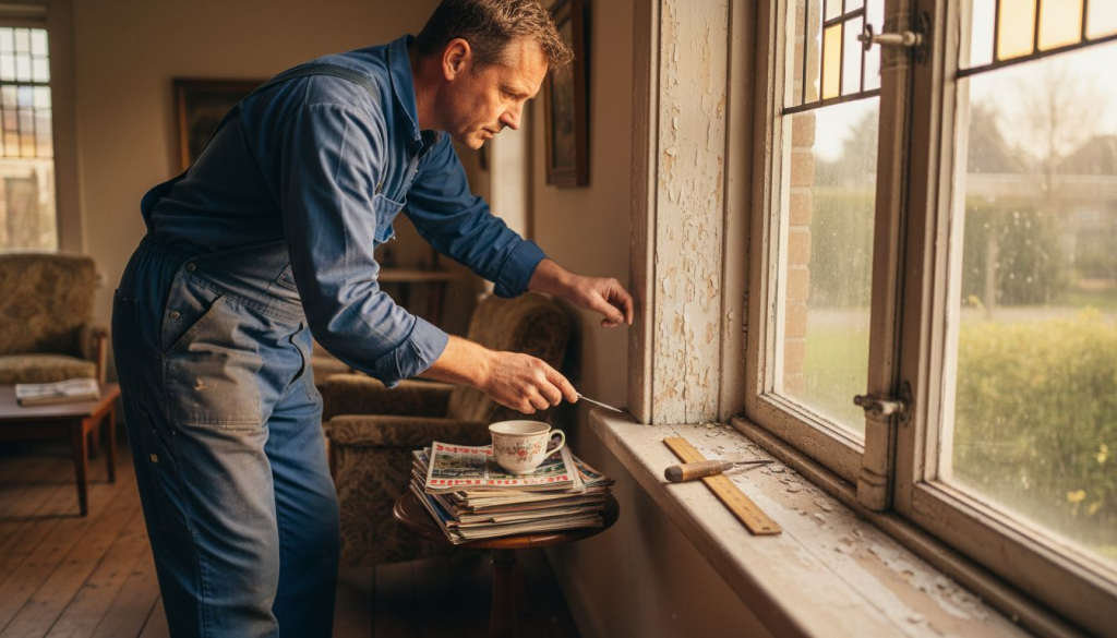 Een vakman inspecteert het oude houten kozijn op eventuele beschadigingen.