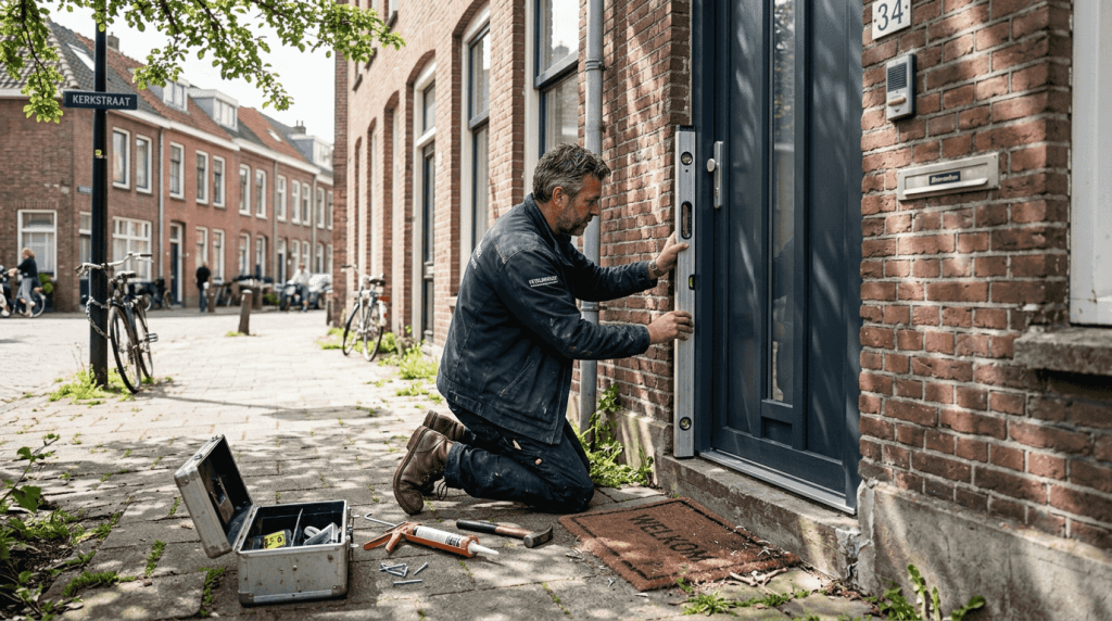 Een vakman plaatst een moderne voordeur in de entree van het huis.