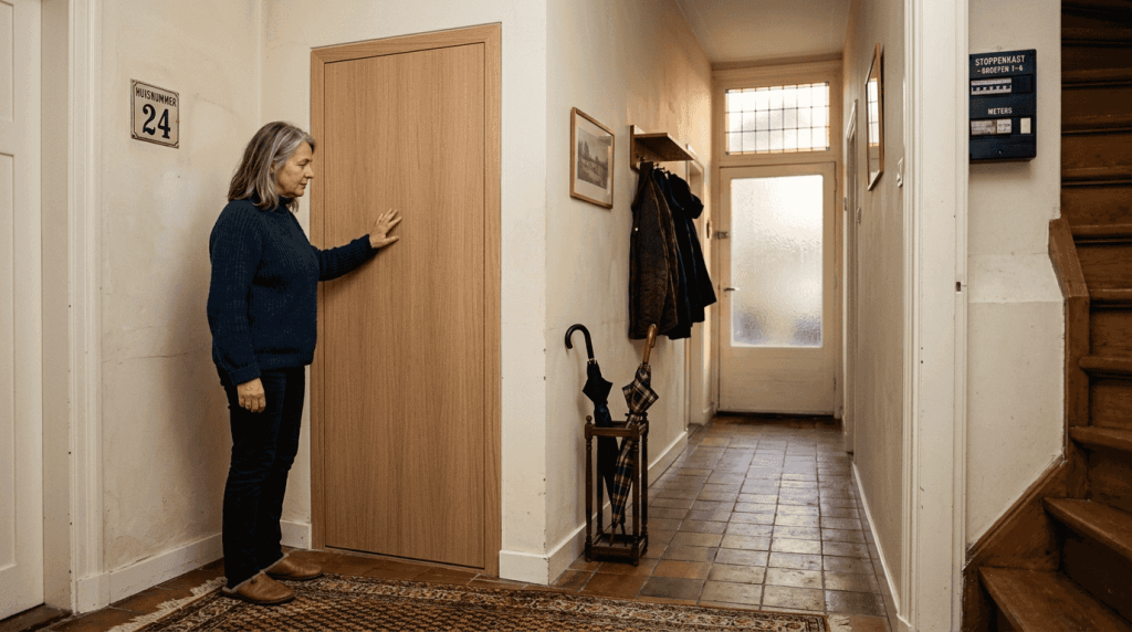 Een huiseigenaar bekijkt de vaste deur in de gang om te controleren of alles nog in orde is.