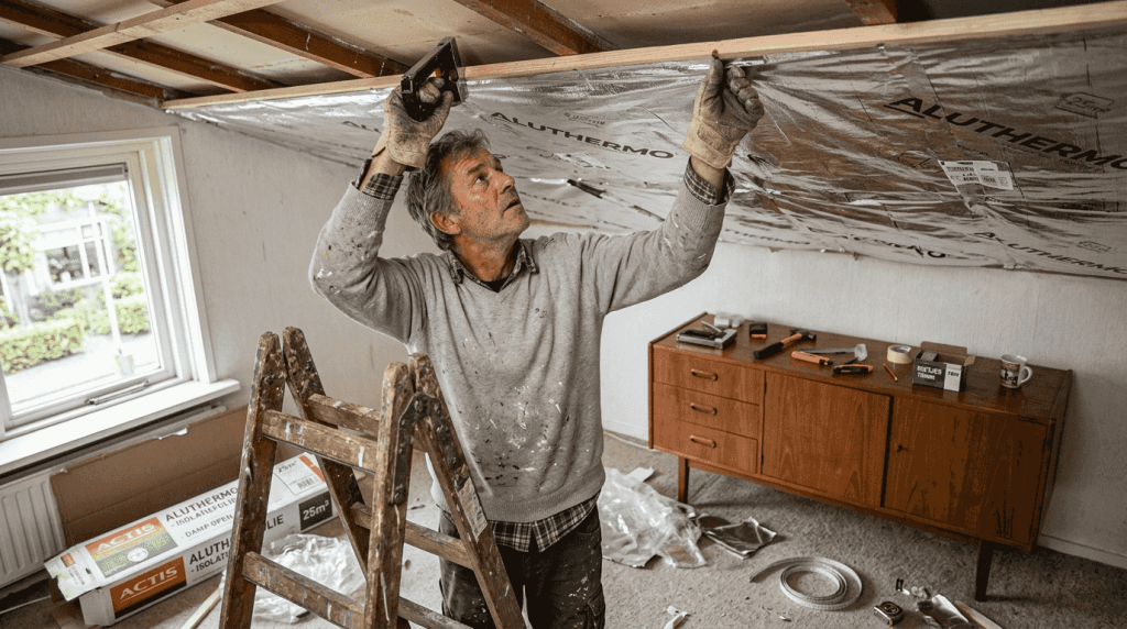 Man brengt isolatiefolie aan tegen het plafond van zijn huis