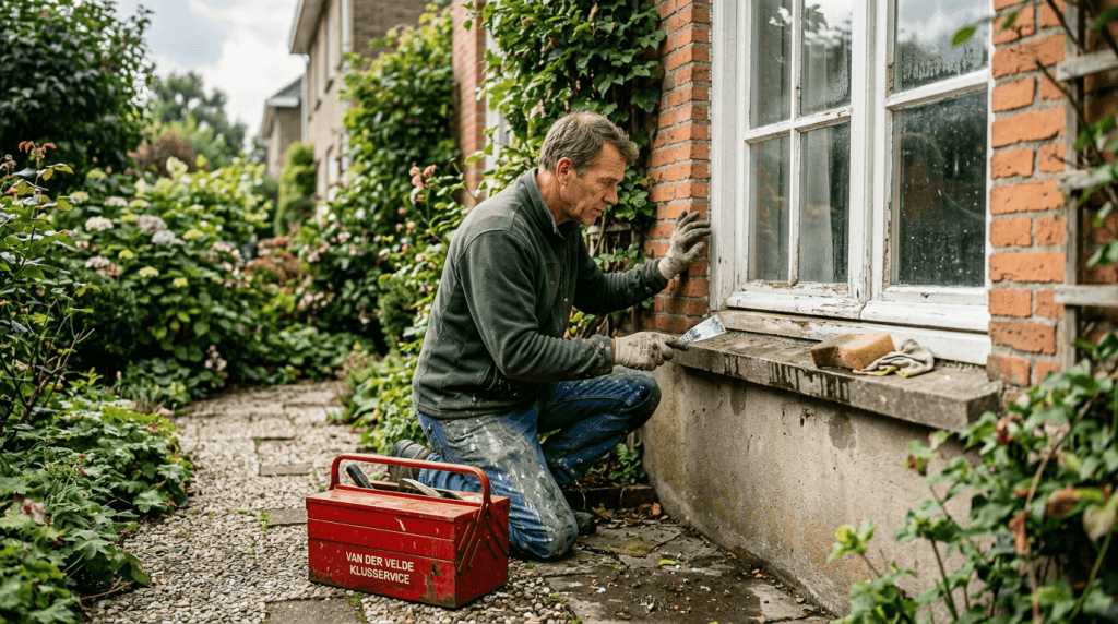 Een man bekijkt aandachtig het houten kozijn terwijl hij zijn gereedschap gebruikt.