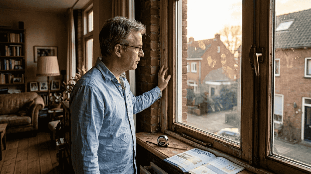 Man bekijkt hoe goed het raam in de woonkamer is geïsoleerd
