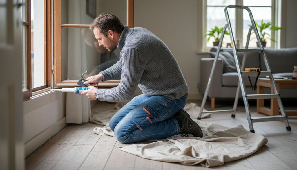 De monteur brengt montagekit aan bij het plaatsen van het raamkozijn.