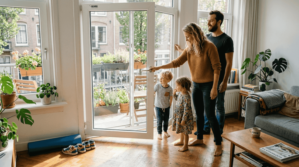 Het gezin schuift de deur naar het balkon open.