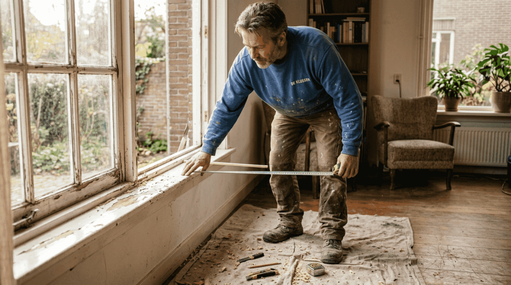 De installateur maakt alles klaar voor het plaatsen van het kozijn.