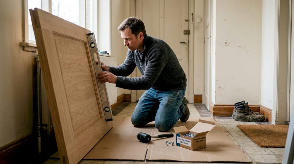 Man maakt zich klaar om een nieuwe voordeur te plaatsen