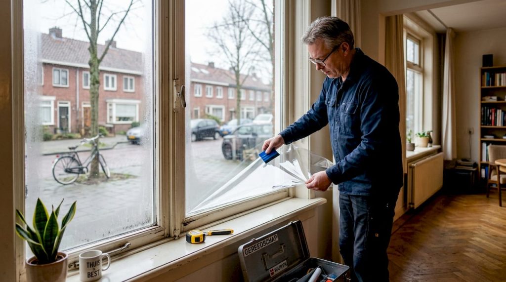 Een man brengt isolatiefolie aan op het raam in de woonkamer.