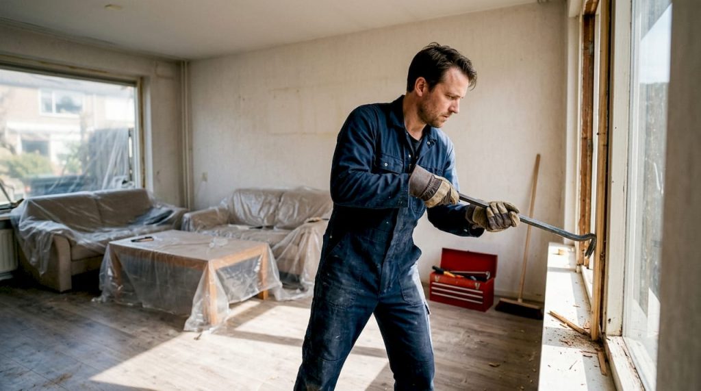 Man haalt oud houten kozijn uit de woonkamer