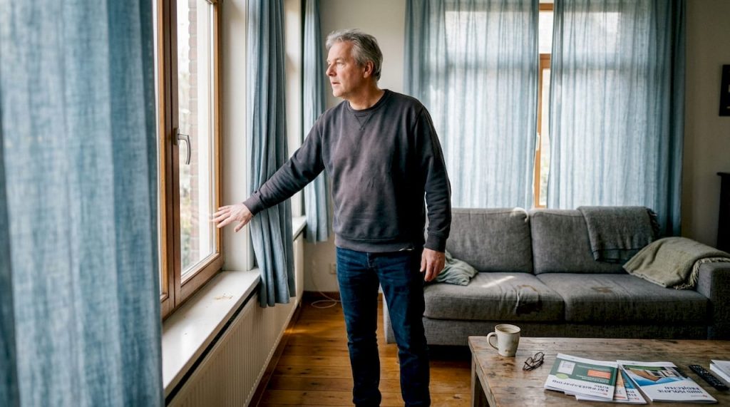 Een huiseigenaar bekijkt het raam zorgvuldig om te bepalen of het toe is aan renovatie.