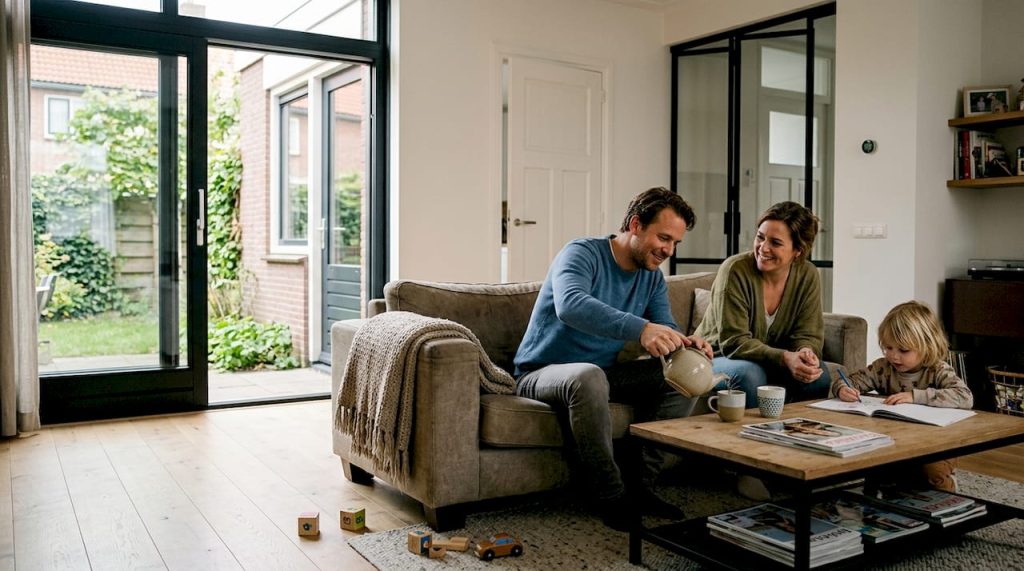 Een gezin geniet samen in de woonkamer, omringd door verschillende soorten deuren.
