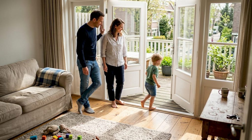 Het gezin schuift de tuindeur open en stapt het terras op.