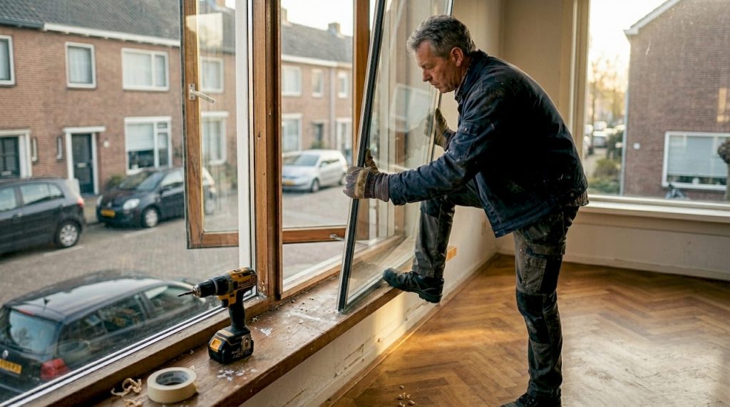 In de woonkamer wordt een nieuw raam geplaatst door een vakman.
