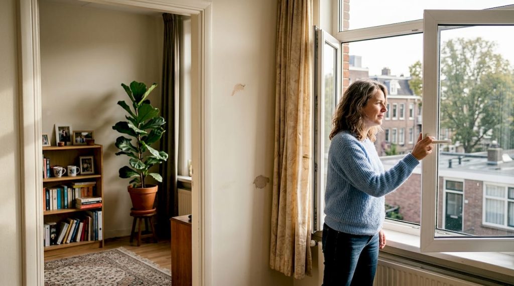 De bewoner zet het draairaam in de woonkamer open.