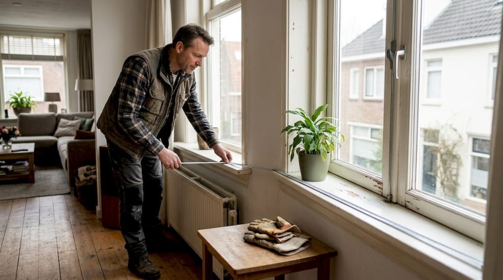 Een klusjesman neemt nauwkeurig de maten op van het kozijn om het raam te vervangen.