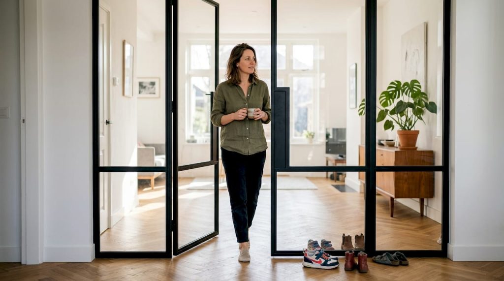 Een vrouw komt binnen via een strakke glazen deur met een modern stalen frame.