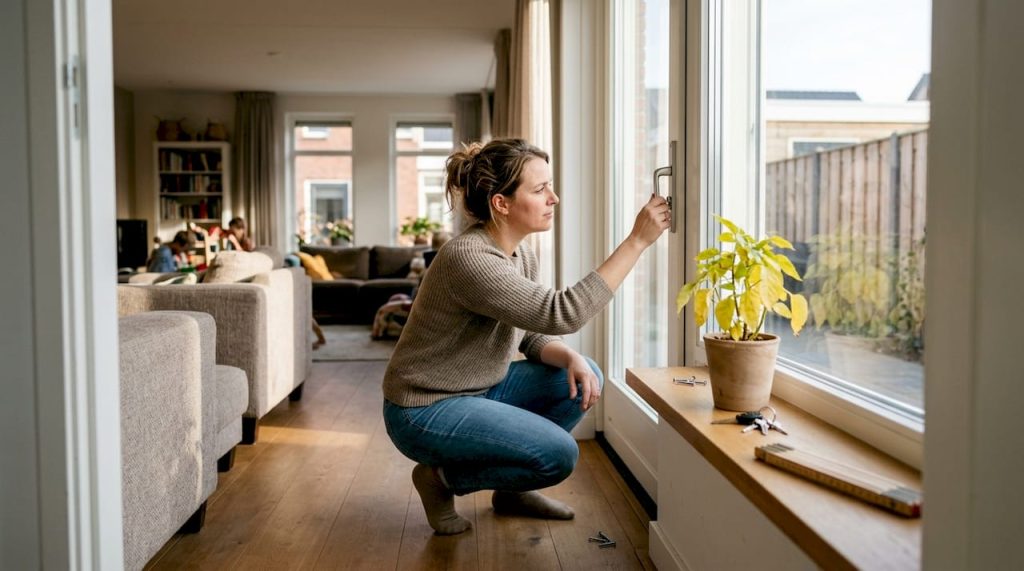 Een vrouw bekijkt het passiefhuisraam in haar woonkamer om te zien hoe goed het werkt.