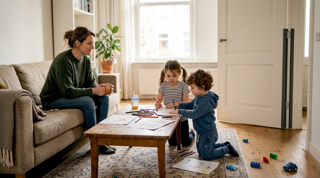 Een gezin met kinderen bij een deur die speciaal is ontworpen om vingers te beschermen.