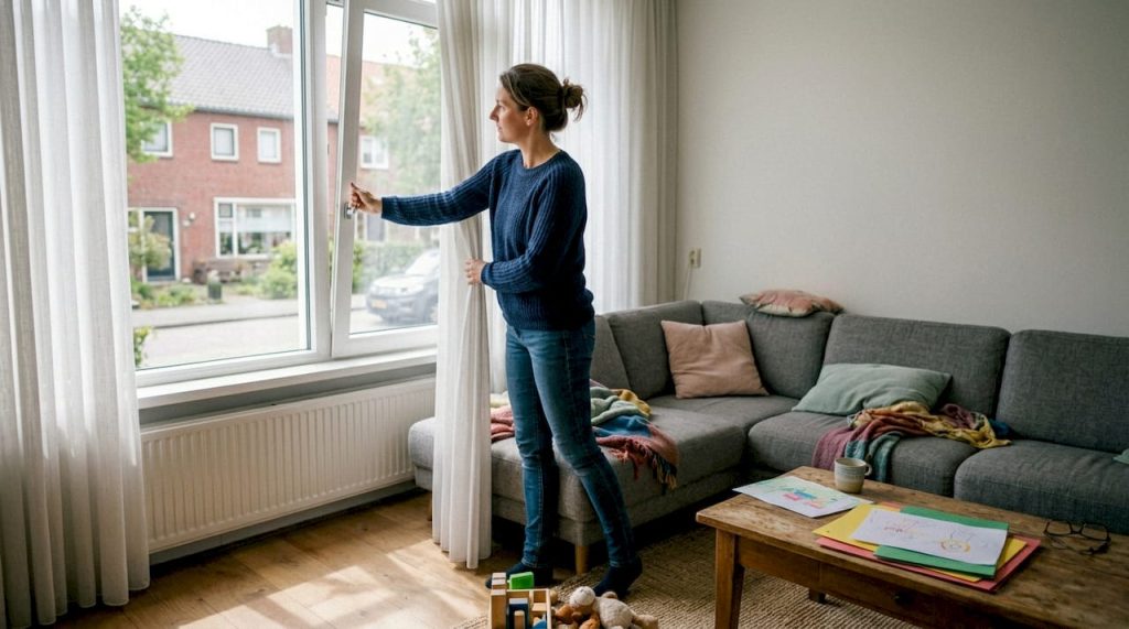 Een vrouw doet het draai-kiepraam in de woonkamer open.
