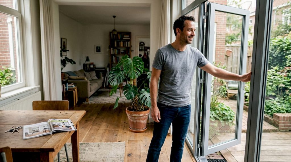 Een man schuift de vouwdeuren open in een zonnige woonkamer.