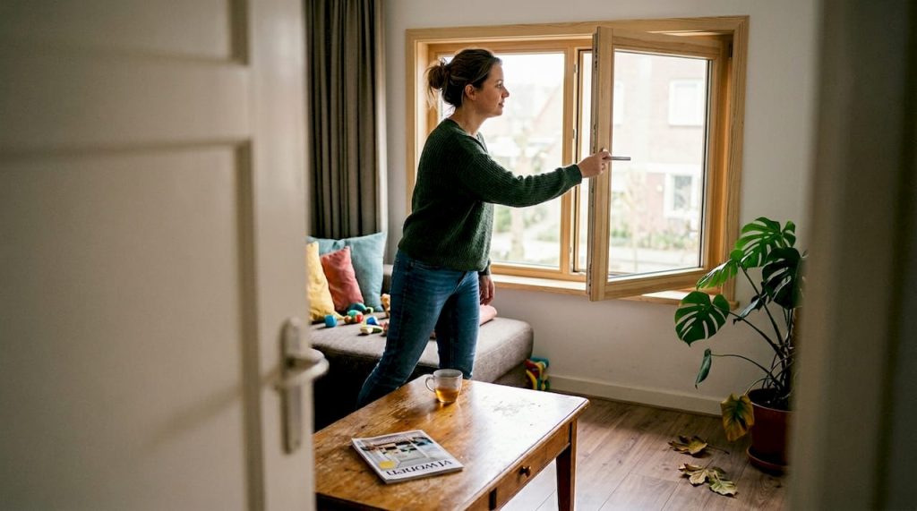 Een vrouw zet het ventilatieraam open in de woonkamer.