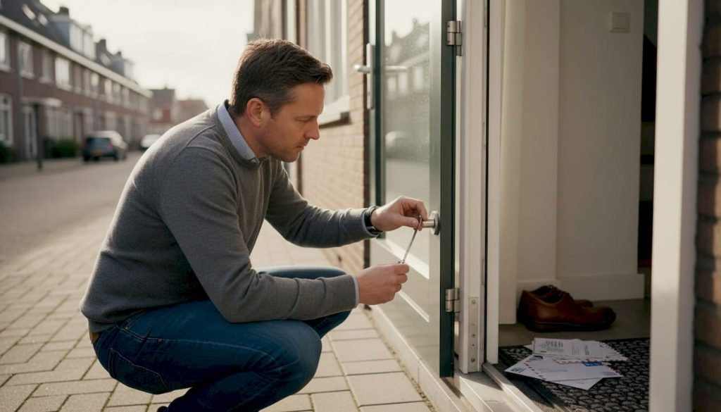 Een man bekijkt het slot van zijn voordeur om te controleren of alles nog goed werkt.