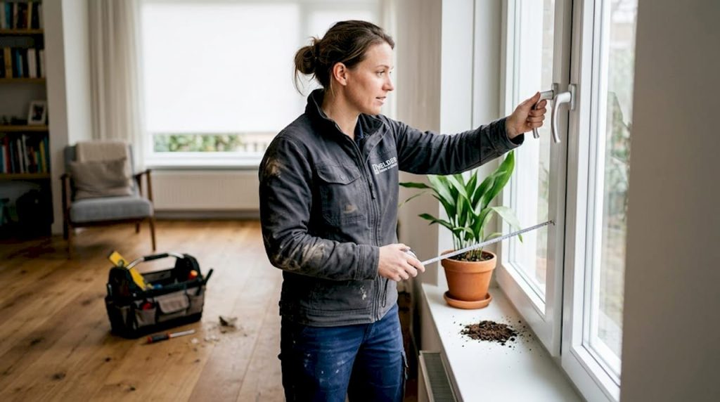 Een monteur komt langs om de nieuw geplaatste ramen in huis te inspecteren.