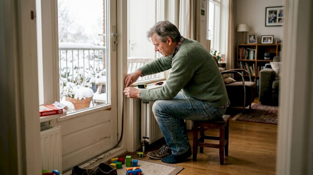 Man plakt tochtstrips op het raam in de woonkamer om kou buiten te houden.