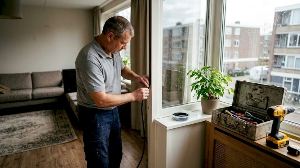 Een klusjesman brengt tochtstrips aan rondom het raam.