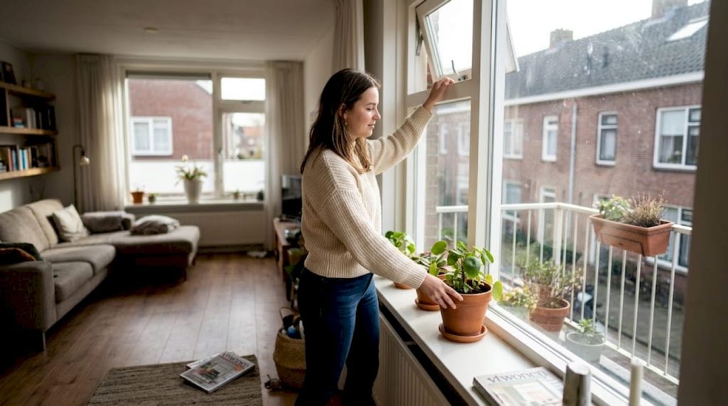 In een zonnige woonkamer zet een vrouw het raam op een kier voor wat frisse lucht.