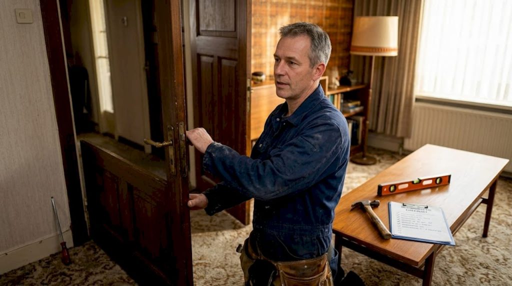 Man maakt woonkamer klaar voor het vervangen van de deur