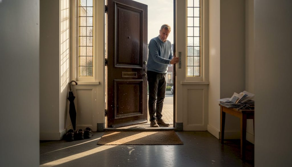 Een huiseigenaar controleert of de voordeur goed op slot zit.