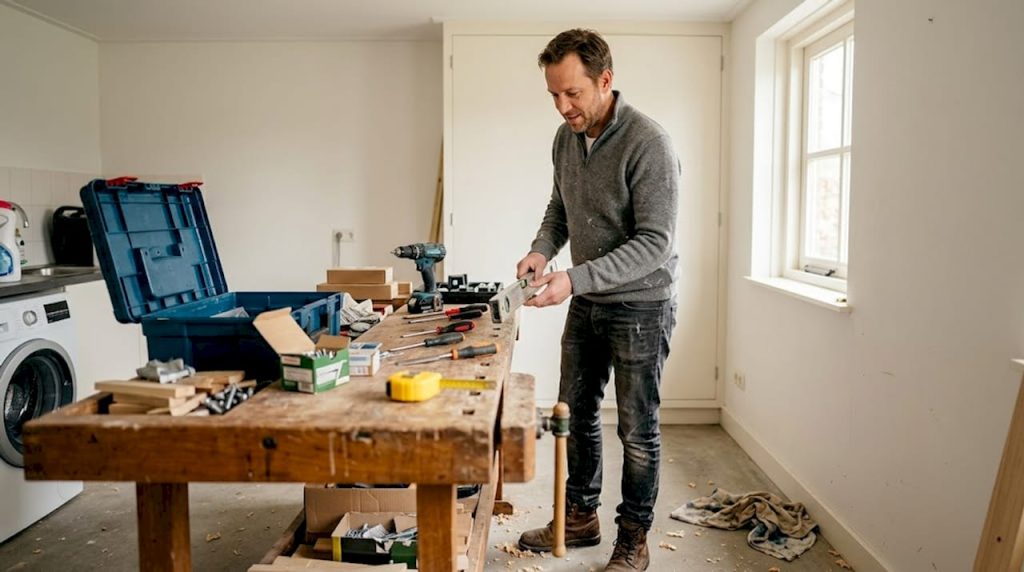Voordat hij aan de slag gaat met het plaatsen van de deur, loopt de monteur al zijn gereedschap bij de werkbank nog even na.