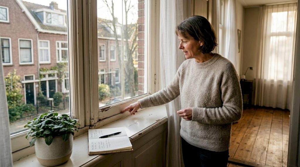 Een huiseigenaar controleert het kozijn op tocht.