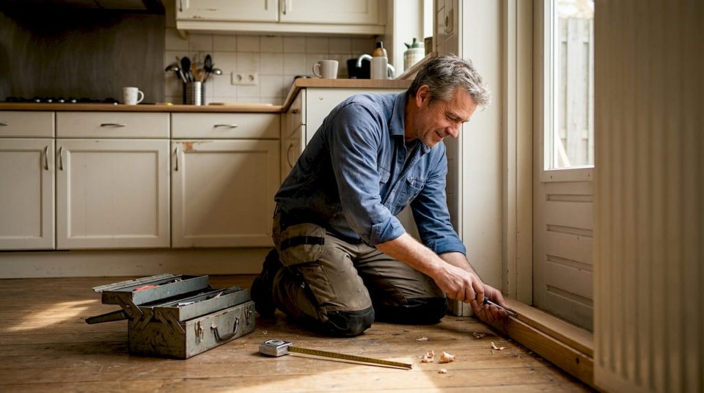 Een ervaren vakman plaatst een nieuwe wisseldorpel in het kozijn.