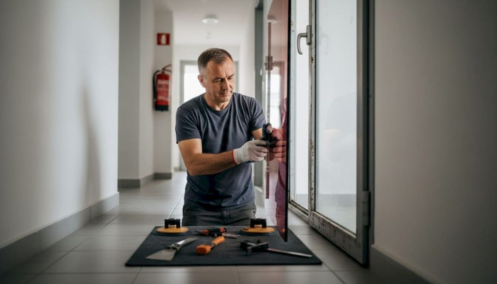Een vakman zet brandwerend glas in de gang, zodat de veiligheid gewaarborgd blijft.