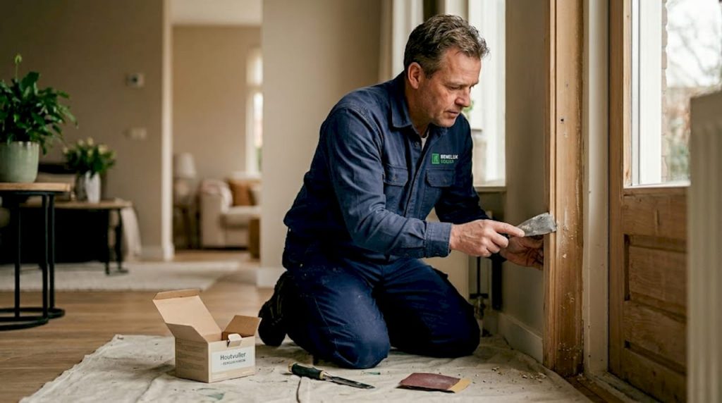 Een ervaren klusser is thuis bezig met het herstellen van een beschadigd deurkozijn, gewapend met zijn gereedschap.