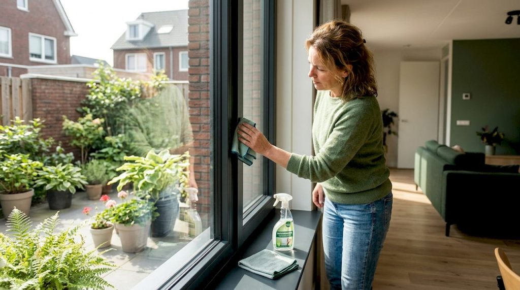 De eigenaar maakt het vlakke deel van het kozijn schoon.