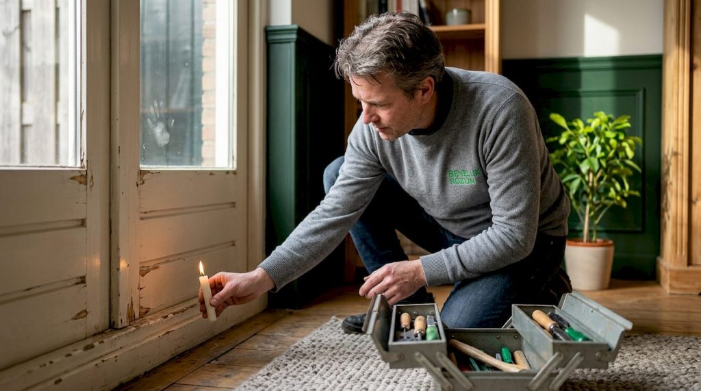 Een man controleert of er tocht langs het raam komt door een brandende kaars erbij te houden.