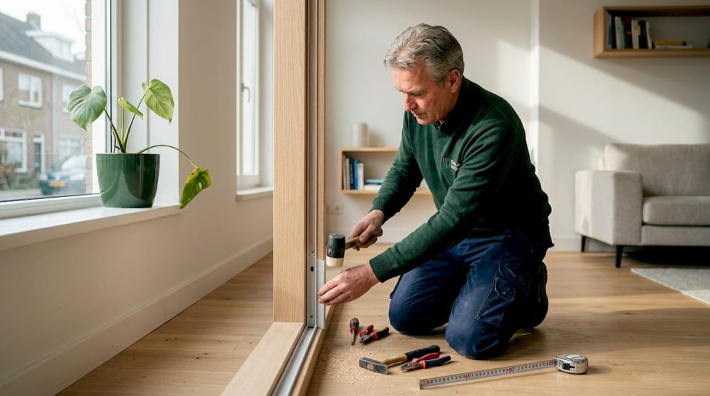 Een vakman brengt een aanslagprofiel aan op het houten kozijn.