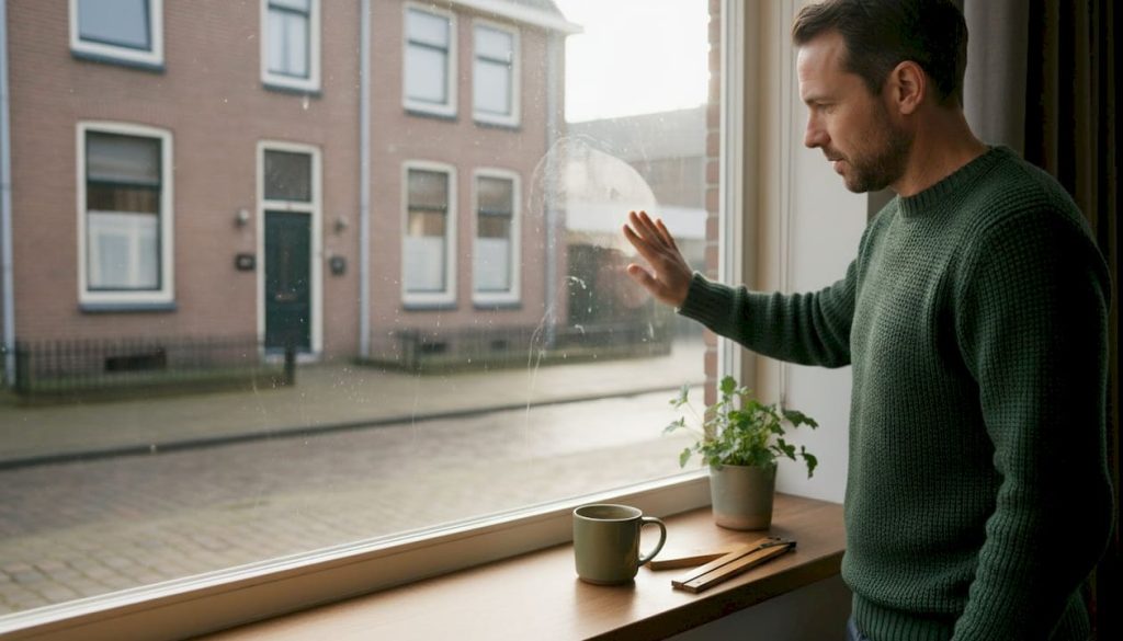 Een man wist het beslagen woonkamerraam schoon.