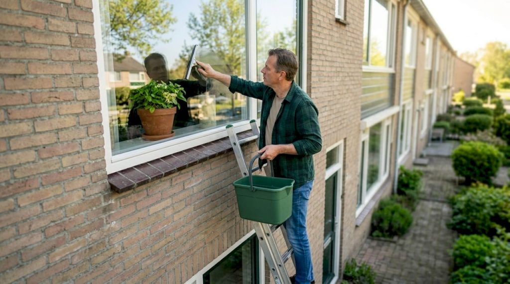 Een man is buiten bezig om de grote ramen van zijn huis te zemen.
