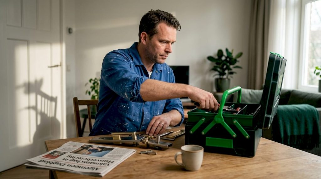 Man bekijkt welk gereedschap hij nodig heeft om het deurbeslag te vervangen.