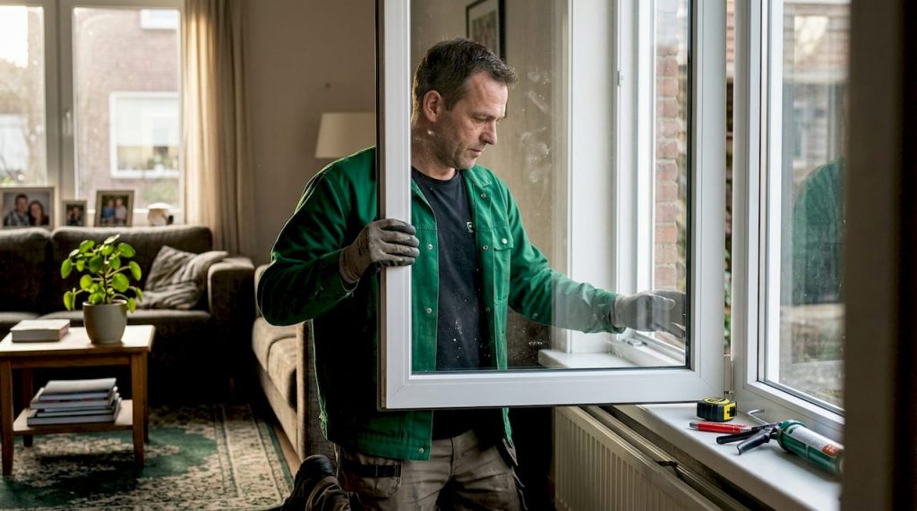 Een vakman heeft in de woonkamer nieuw gelaagd glas geplaatst.