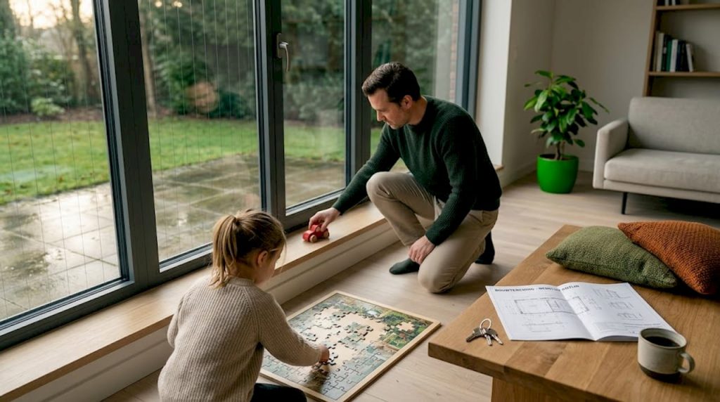 Een vader en zijn dochter brengen samen tijd door in de woonkamer, waar grote ramen van veiligheidsglas voor een veilig en prettig gevoel zorgen.