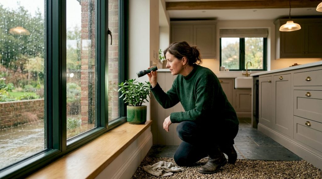Een vrouw bekijkt het kozijn terwijl het buiten regent in haar woonkamer.