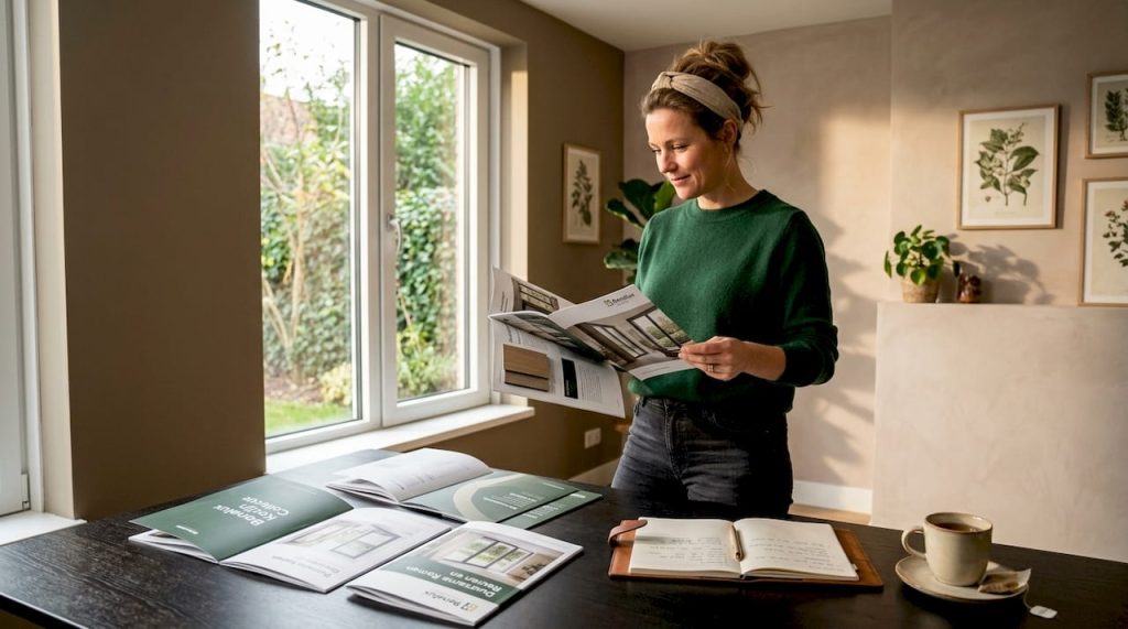 Een vrouw bekijkt verschillende raamprofielen bij het grote raam in haar woonkamer.