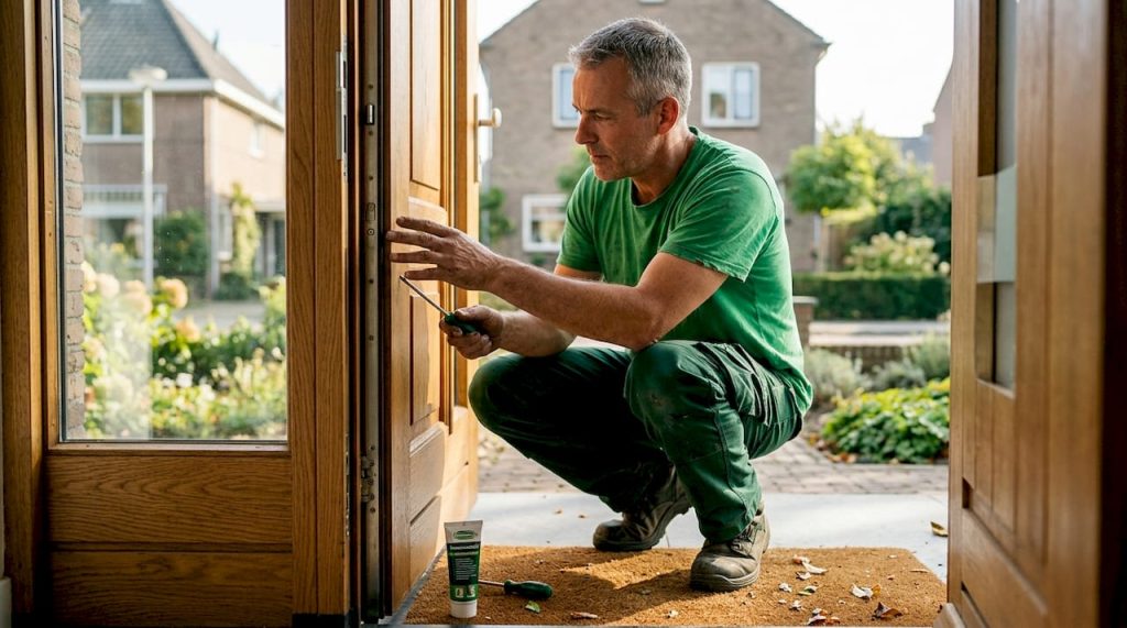 De eigenaar van het huis kijkt of het meerpuntsslot van de voordeur goed werkt.