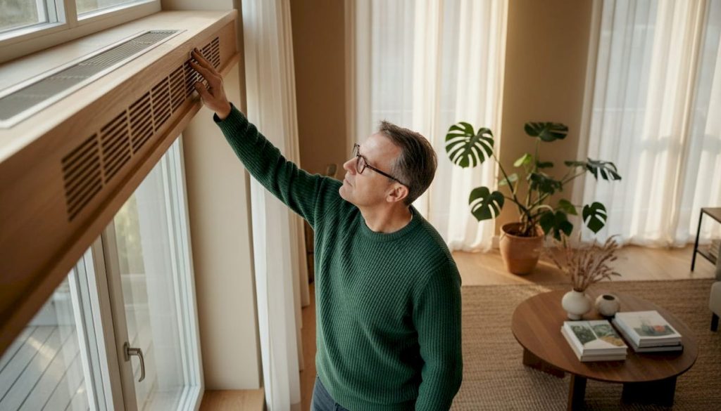 Man kijkt of het ventilatierooster in de woonkamer goed werkt