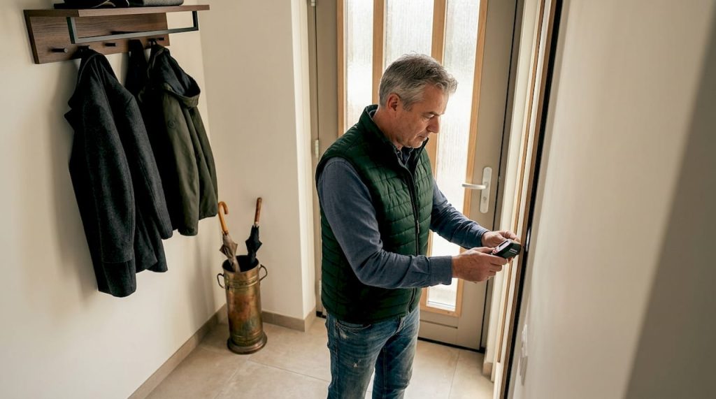 Een woningbezitter bekijkt of de isolatie rondom de buitendeur nog in orde is.